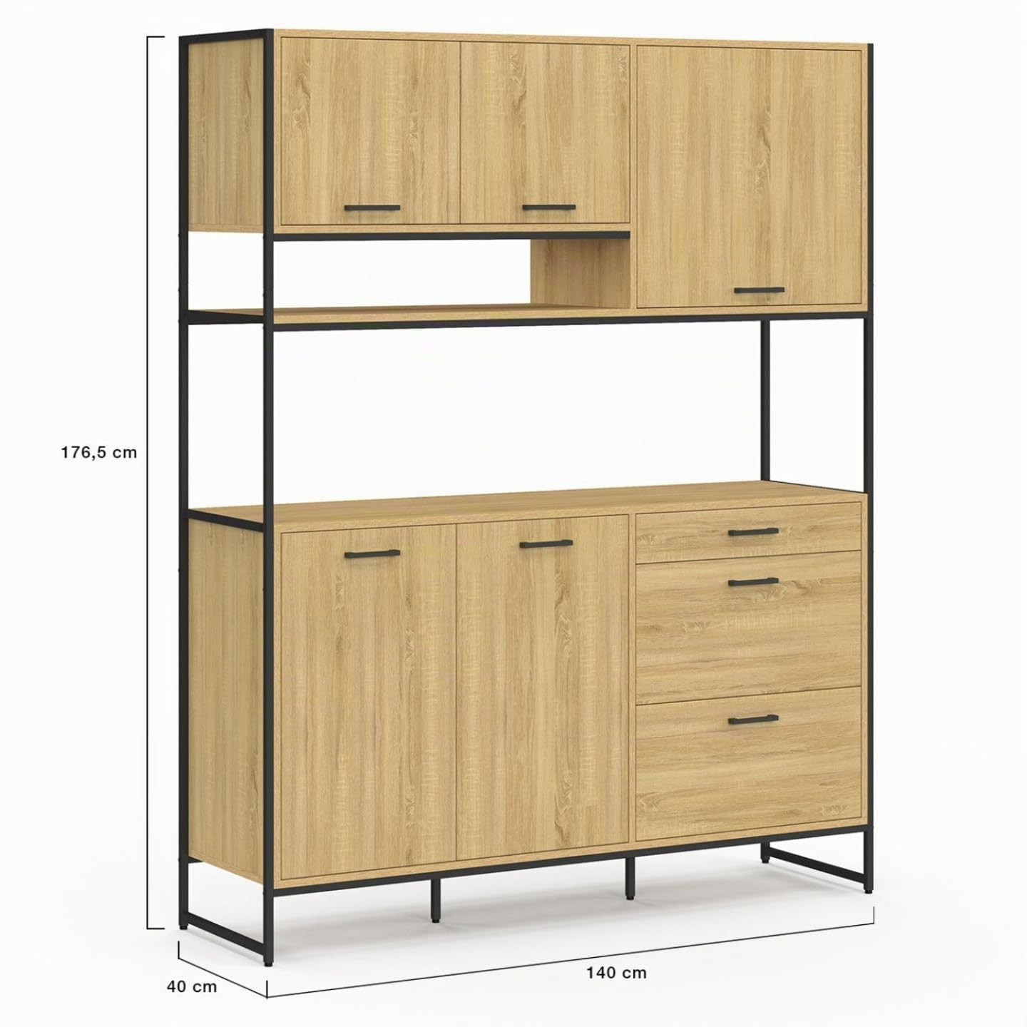 IDMarket Detroit Industrial Design Kitchen Sideboard Saucepan 140cm | With 5 doors + 3 drawers