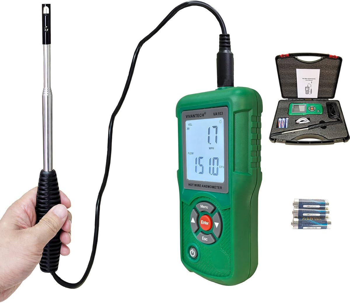Professional-Grade Hot Wire Anemometer with Backlit LCD – Accurate Air Flow Meter for HVAC, Ducts, and Ventilation Systems, Wind Speed Meter Measures CFM/CMM, Temperature (℃/℉)