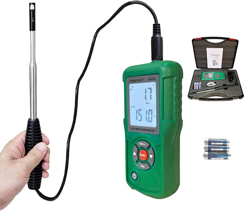Professional-Grade Hot Wire Anemometer with Backlit LCD – Accurate Air Flow Meter for HVAC, Ducts, and Ventilation Systems, Wind Speed Meter Measures CFM/CMM, Temperature (℃/℉)