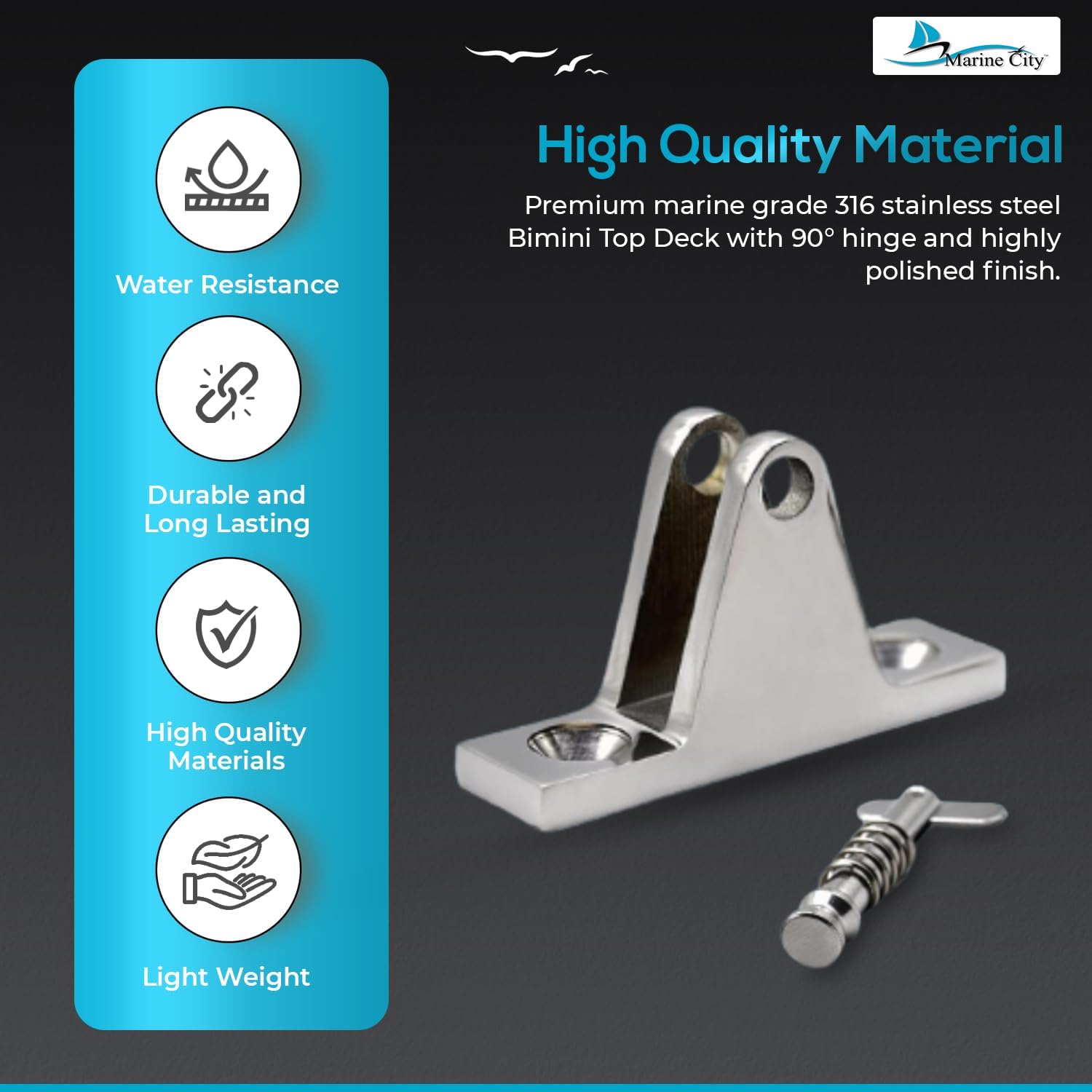 MARINE CITY Bimini Top Deck Hinge 90° with Quick Release Pin 316 Grade Stainless Steel Boat Top Fittings Flat Base Hardware for Boats Marines Ships Kayaks (Pack of 4)