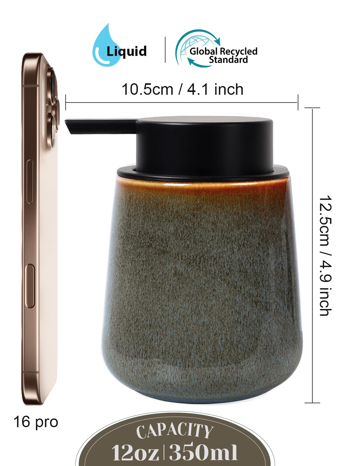 INGOFIN Dispenser per lozione in ceramica, 350 ml, ricaricabile, dispenser di sapone liquido da bagno, moderno dispenser di sapone liquido con pompa, dispenser di sapone per piatti per cucina