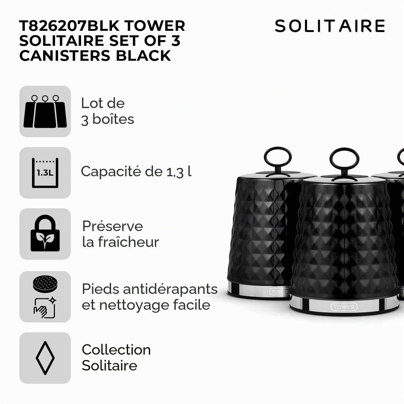 Tower Solitaire T826207BLK Lot de 3 boîtes hermétiques avec couvercle en acier inoxydable finition miroir et boucle ronde Noir 1,3 l