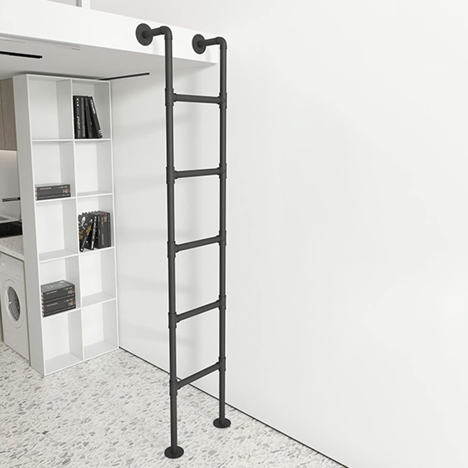 Lit mezzanine en fer forgé avec il et kit d'escalier pour petite maison, chambre à coucher, bibliothèque, camping-car, bateau, quai ou placard avec vis 145 cm, noir
