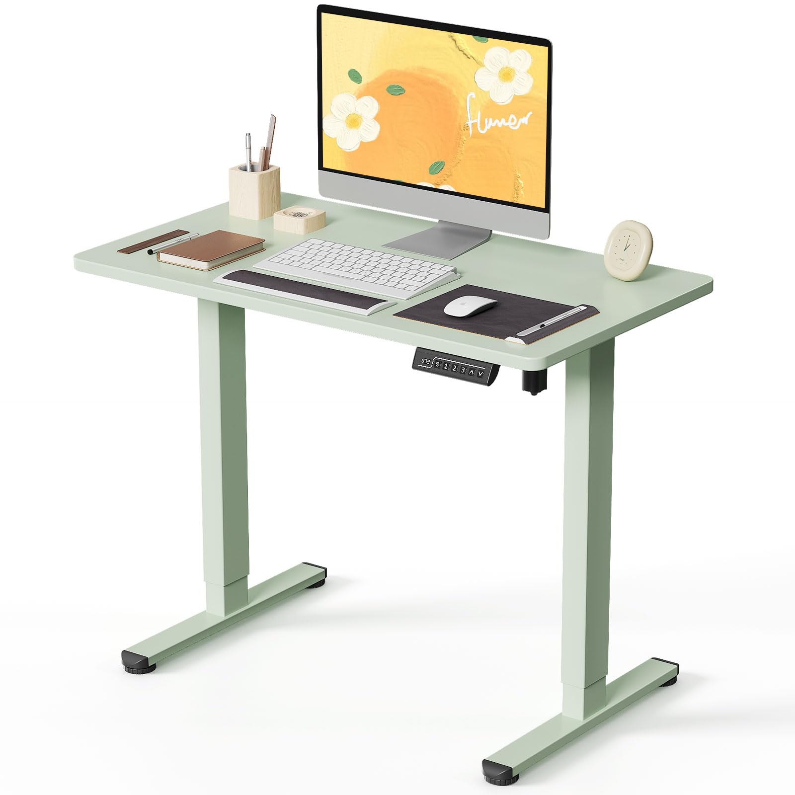 JOY worker Small Electric Standing Desk, 35" x 20" Whole Piece Height Adjustable Desk with Memory Controller, Green Sit to Stand Workstation for Home Office