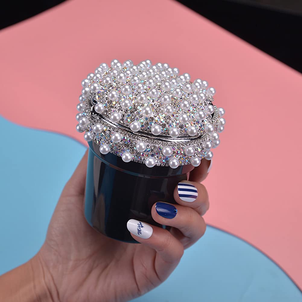 Pearls Inlaid Car Ashtray, Portable Car Ashtray with Lid and LED Light Crystal Car Accessories Windproof Trash Can Car Interior Decoration for Car Vehicles Home Office (Black)