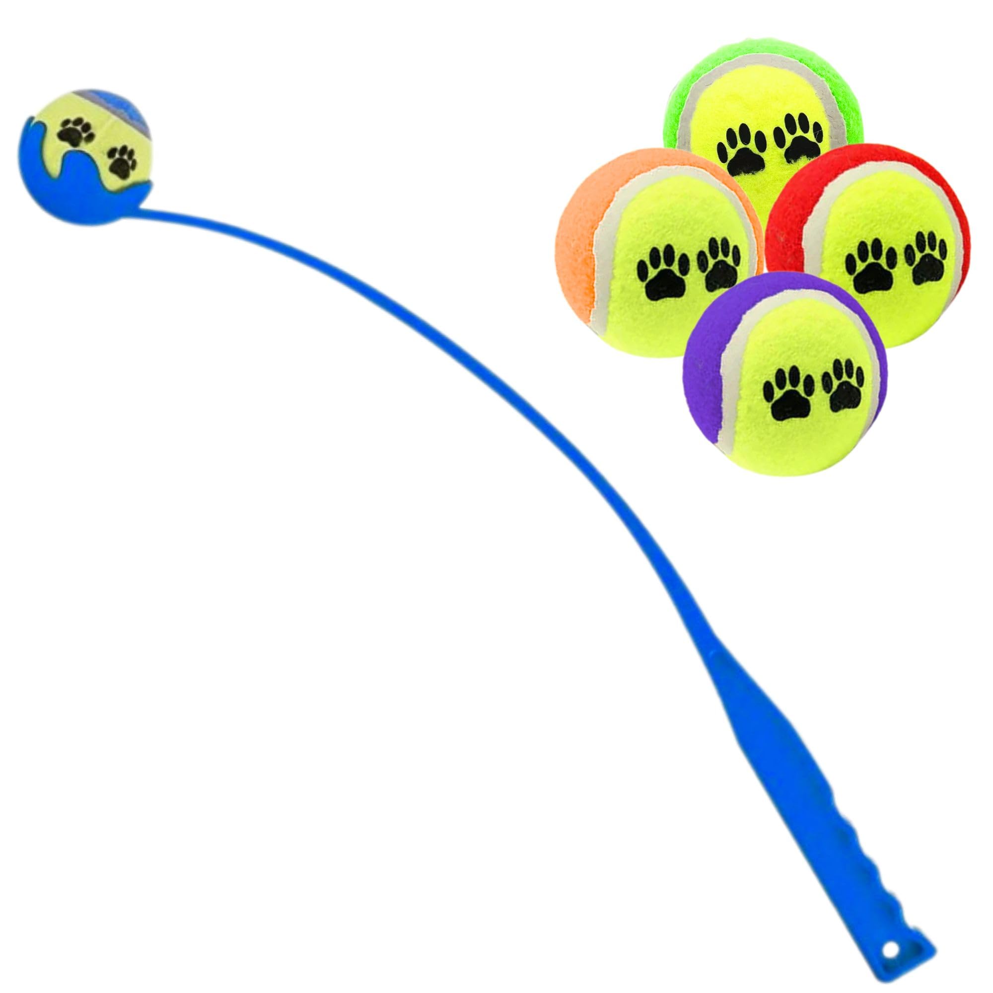 Welari Dog Ball Launcher 70cm with 4 Extra Tennis Balls (Assorted Colours) - Long Throw Pet Fetch Toy for Dogs - Exercise & Outdoor Play for Dogs and Owners (1 Pack)