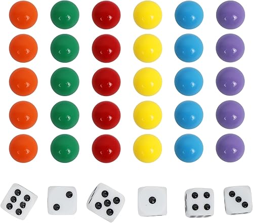 Miniatura 6 de 30 canicas de repuesto Wahoo para juego de mesa, 5 de cada uno de 6 colores, 6 dados y una bolsa de juego para juego de mesa Wahoo (0.7 pulgadas)