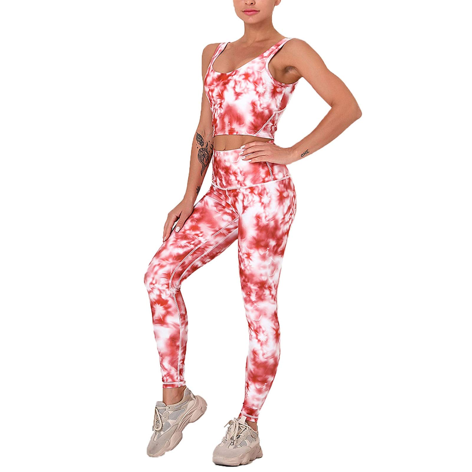 Top Leggings Set Abbigliamento Sportivo Donna, Stampe da donna Allenamento Set 2 pezzi Abiti Abiti ad alta vita a vita alta Ascensore Skinny Yoga Leggings Racerback Bra reggiseno Crop Top Gym Vestiti