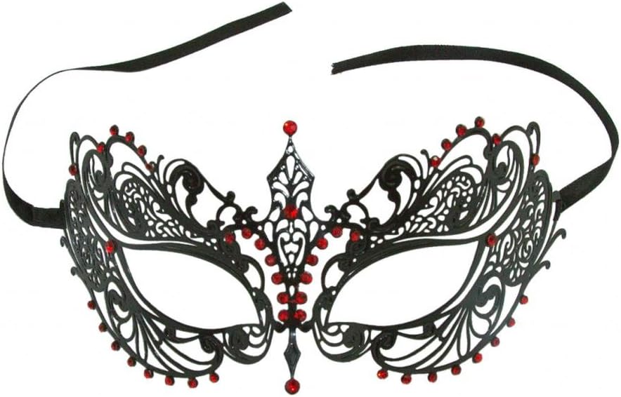 Kayso Inc BA001 Elegant Laser Cut Masquerade Mask, Black w/ Red Stones