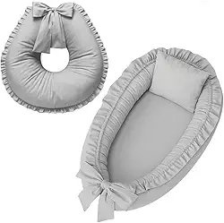 Ninho redutor de berço e Almofada de Amamentação Percal 100% Algodão (Cinza)