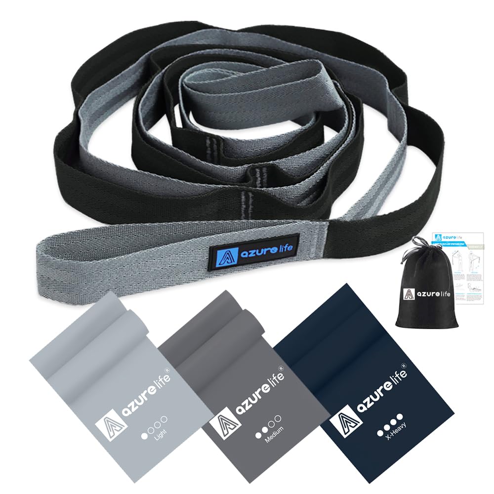 Flat Resistance Band Set (3 Pieces Total) Exercise Bands and Premium Durable Cotton Stretch Strap with Loops