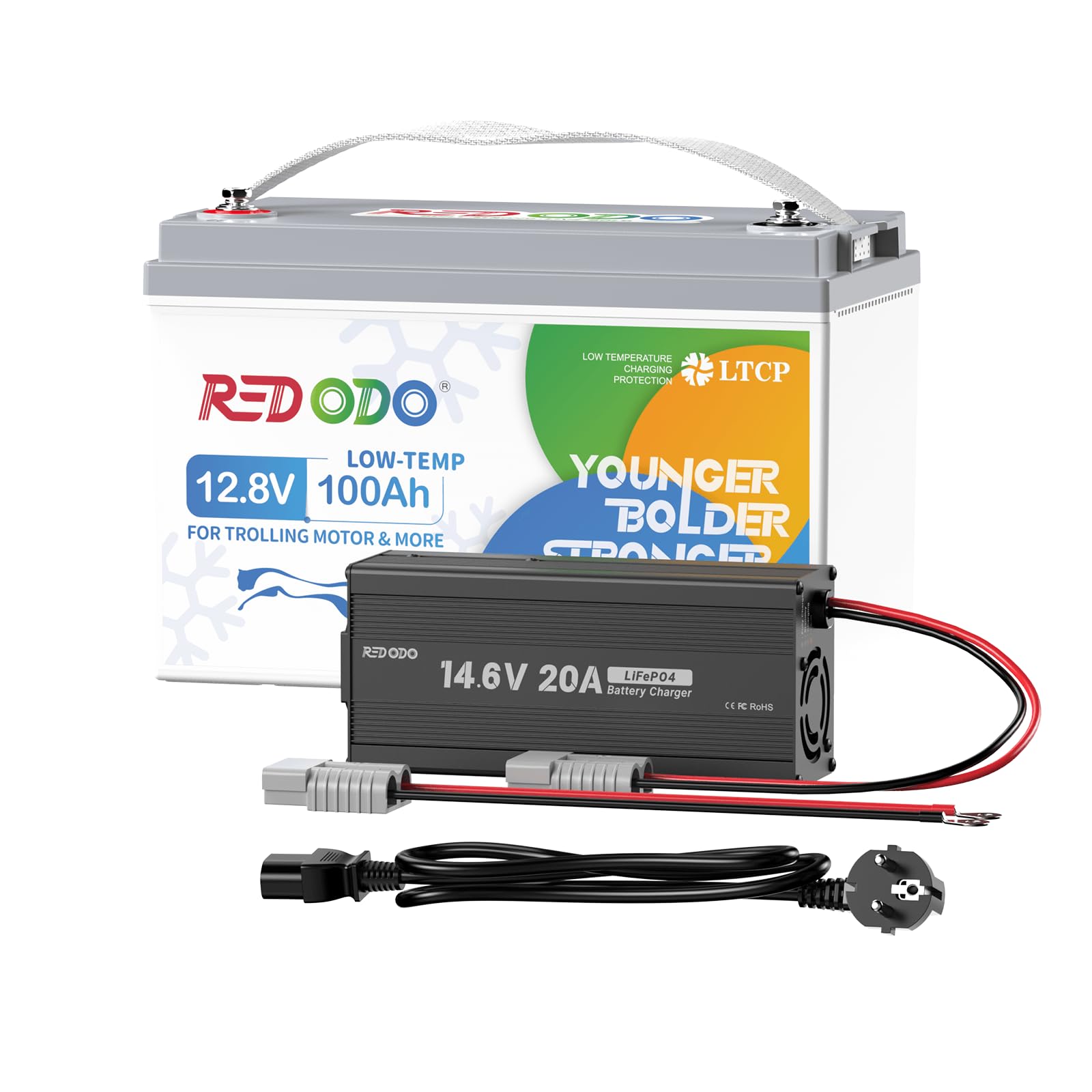 Redodo Akumulator LiFePO4 12 V 100 Ah z ładowarką 20 A, ochrona przed niską temperaturą, silnik trollingowy, akumulator litowy 31, ulepszony akumulator 100 A, BMS, idealny do marynarki, łodzi, kampera