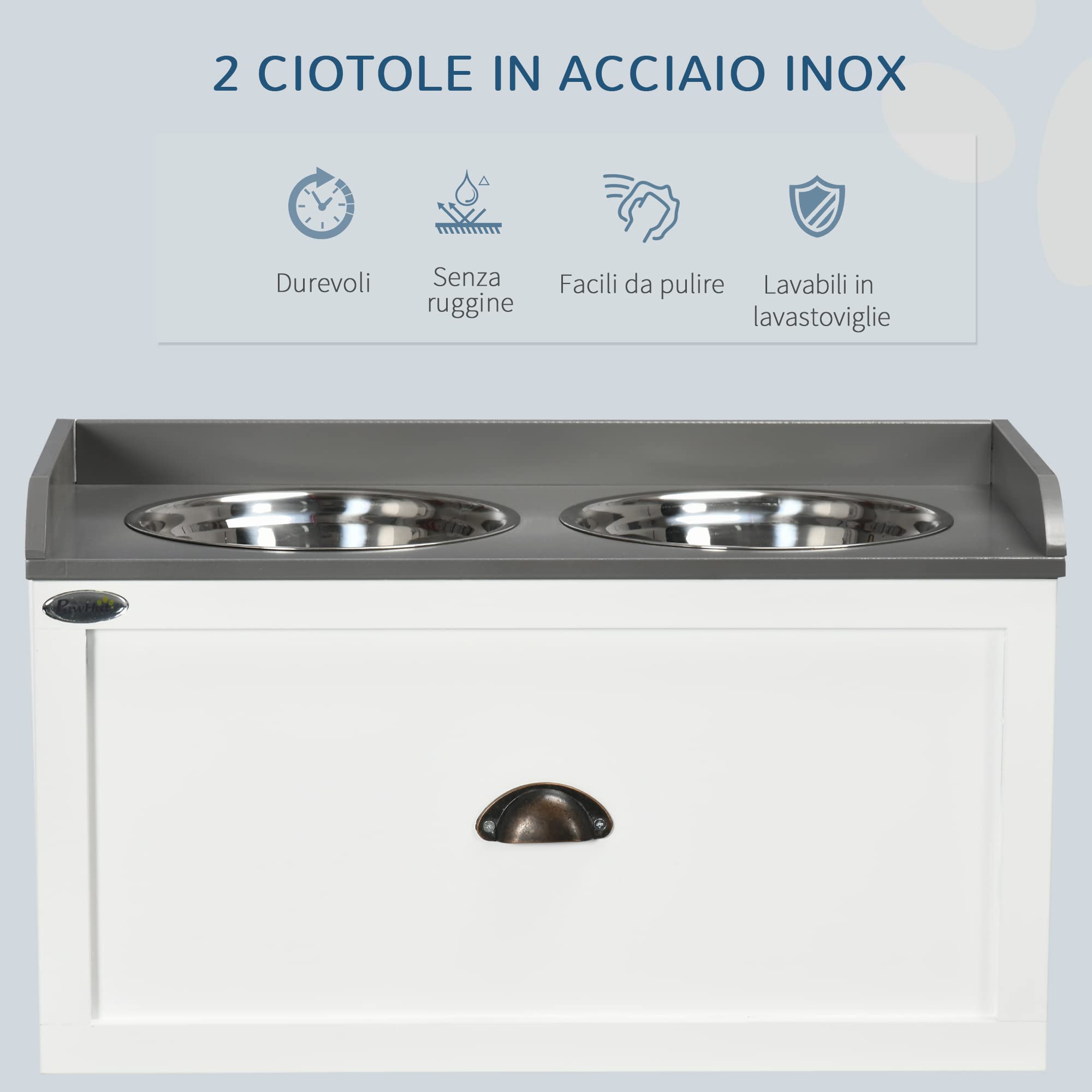 PawHut Ciotole per Cani Rialzate in Acciaio Inox, Portaciotole per Cani in Legno con Cassetto Portaoggetti per Cane Grande, 60x30x36 cm, Bianco