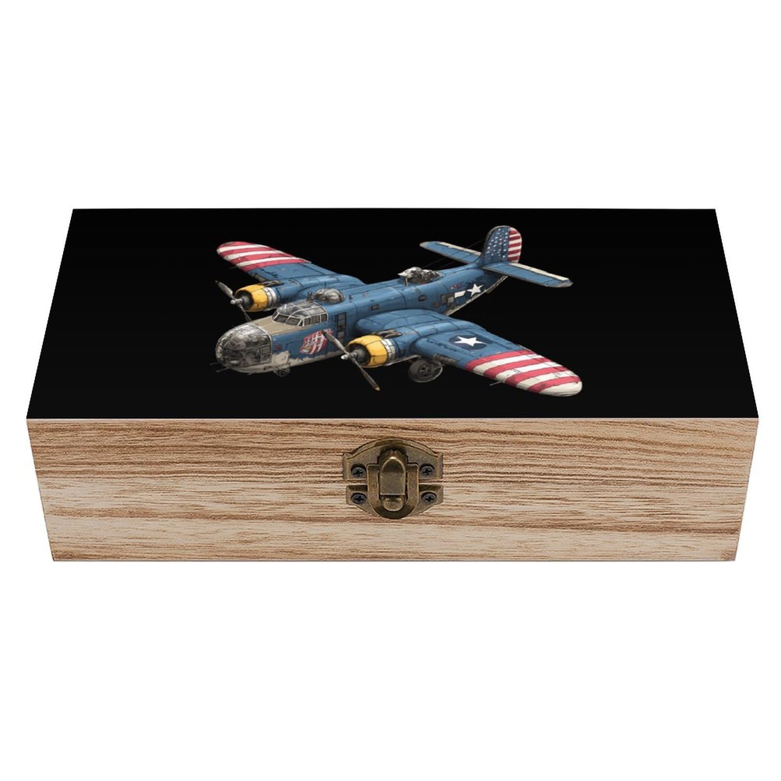 HLBSDM USA Bomber Plane Wooden Box with Hinged Lid Decorative Storage Case Container