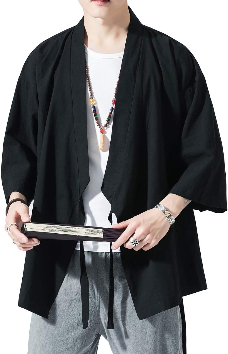 PRIJOUHE Men's Kimono Cardigan Jacket Japanese Style Flying Crane Seven Sleeves Open Front Coat