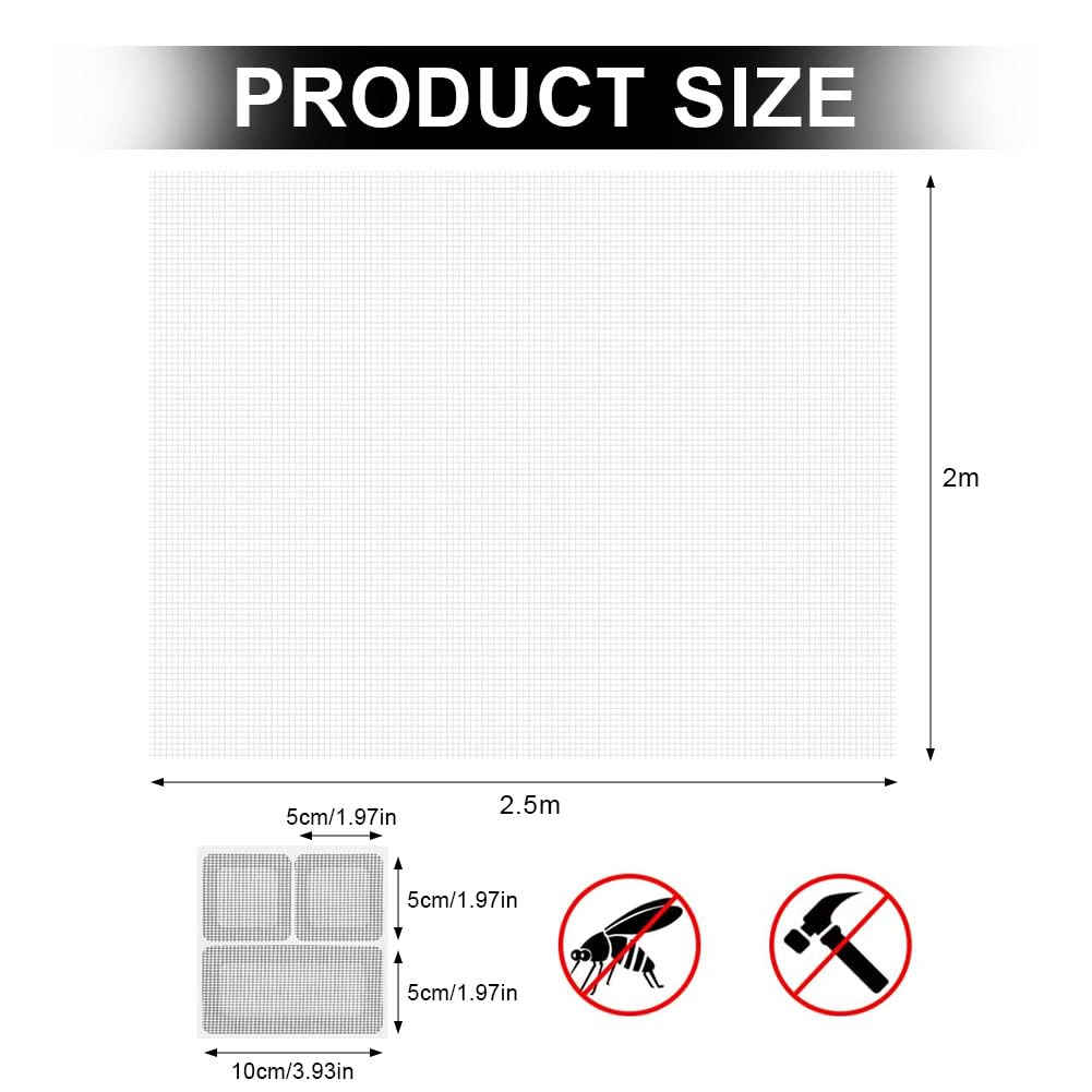 AXFEE Fly Screens for Windows 200 x 250cm Insect Mesh, Adjustable DIY Fly Screen Mesh with 2 Window Screen Repair Patches - Image 2
