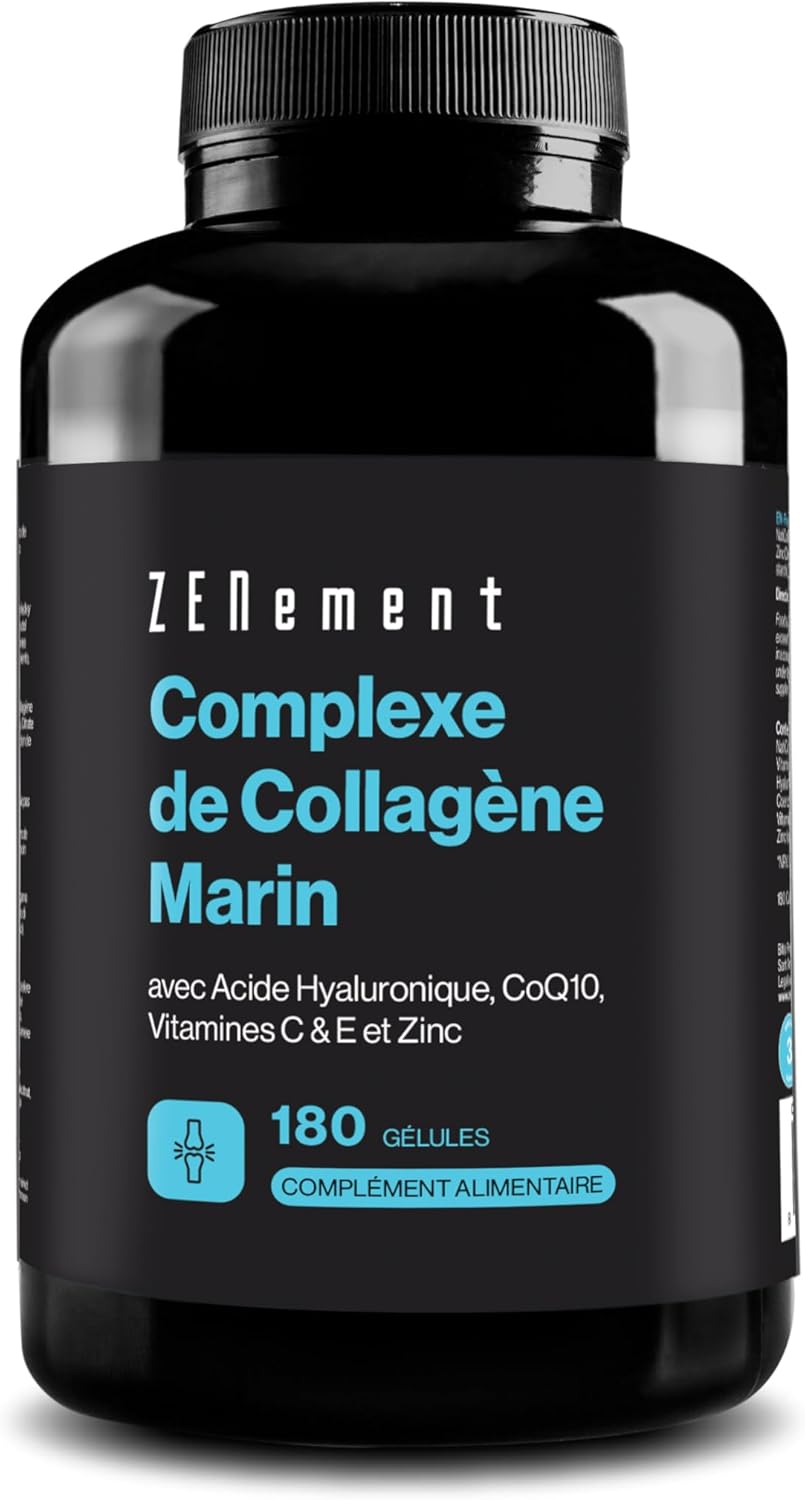 Marine Collagen Complex, with Hyaluronic Acid, CoQ10, Vitamins C & E and Zinc, 180 Capsules | Joint Supplement, Skin & Bone | Preservative Free | Zenement