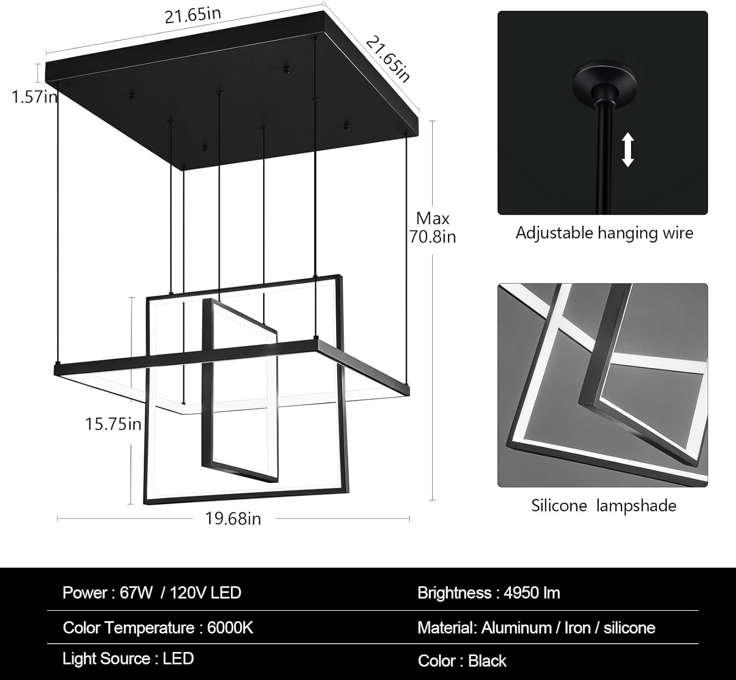 Modern LED Chandelier 3 Rings Square Black Pendant Light Dimmable for Living Room Dining Room Bedroom Kitchen Island
