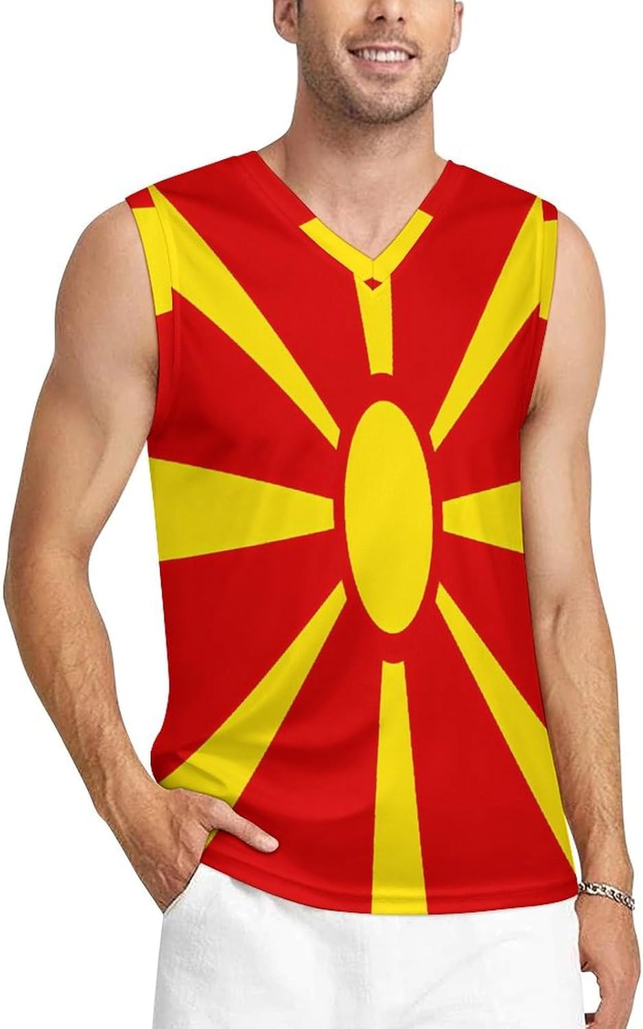 Macedonia Macedonian Flag Men's V-Neck Basketball Tank Top Sleeveless Workout Tank Shirts Gym Fitness Tees Vest