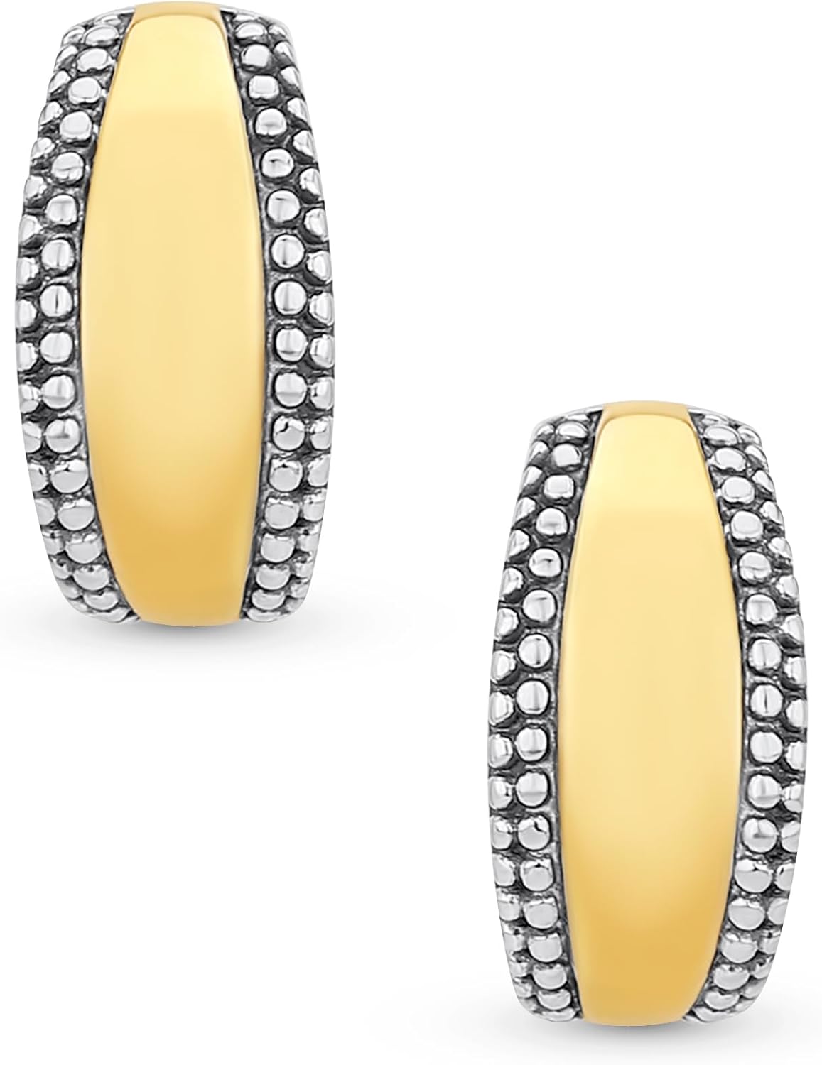 Lightweight Dome Round Caviar Bead Edge Two Tone Stud Hoop Earrings For Women Teen Gold Plated .925 Sterling Silver .70 Inch Diameter