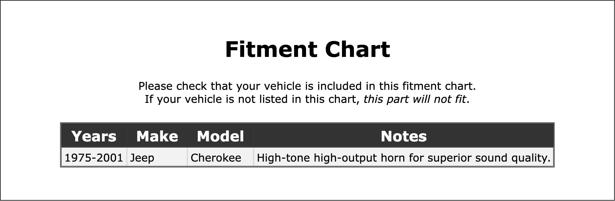 PartCatalog Horn Compatible With Jeep Cherokee 2001 2000 1999 1998 1997 1996 1995 1994 1993 1992 1991 1990 1989 1988 1987 1986 1985 1984 1983 1982 1981 1980 1979 1978 1977 1976 1975 P-2981295