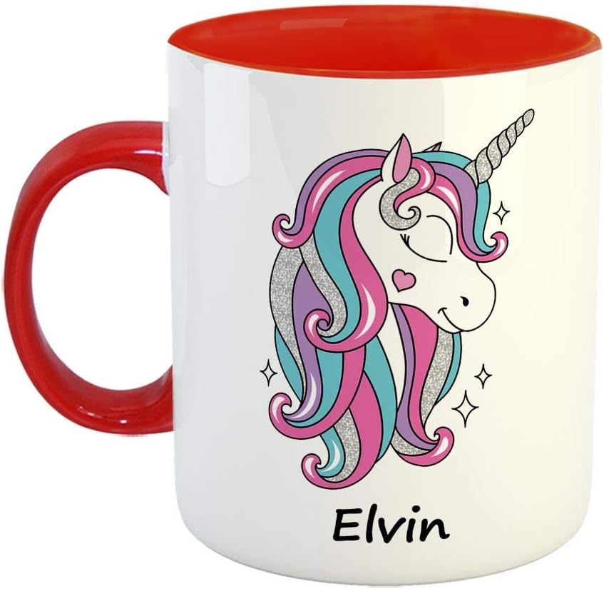 FurnishFantasy Unicorn Ceramic Coffee Mug - Best Happy Birthday Gift for Daughter, Sister, Gift for Kids, Return Gift - Color - Red, Name - Elvin