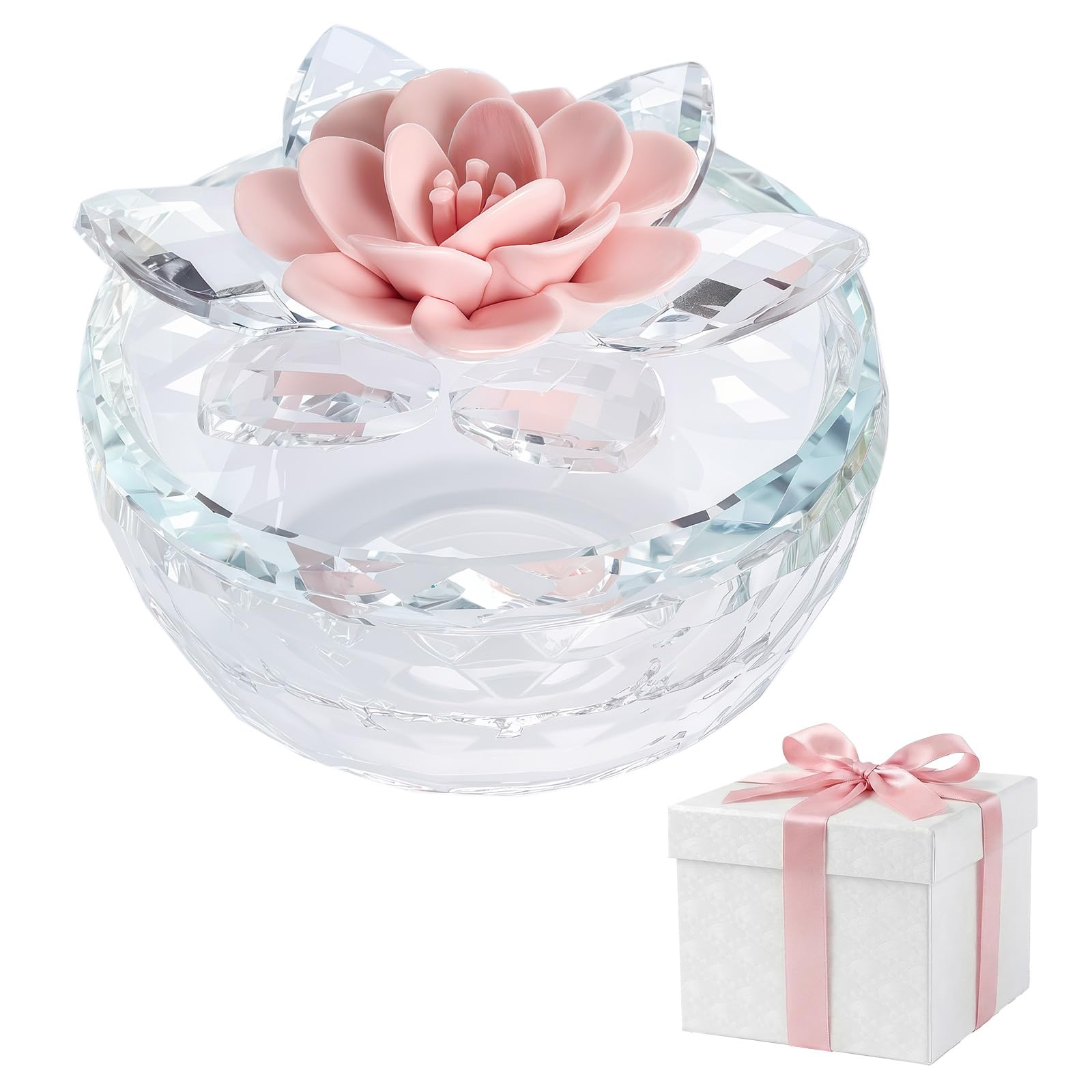 Crystal Jewelry Box for Women Small Glass Trinket Jar with Lid Clear Lotus Flower Storage Holder Elegant Organizer