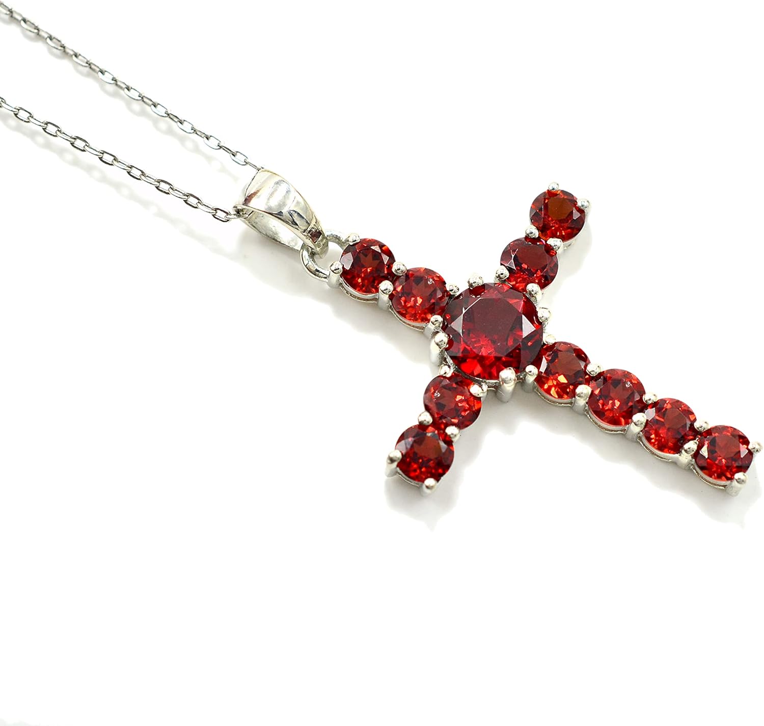 925 Sterling Silver Natural Red Garnet 7 MM Round Holy Cross Pendant Necklace January Birthstone Garnet Jewelry Birthday Gift For Wife (PD-8452)