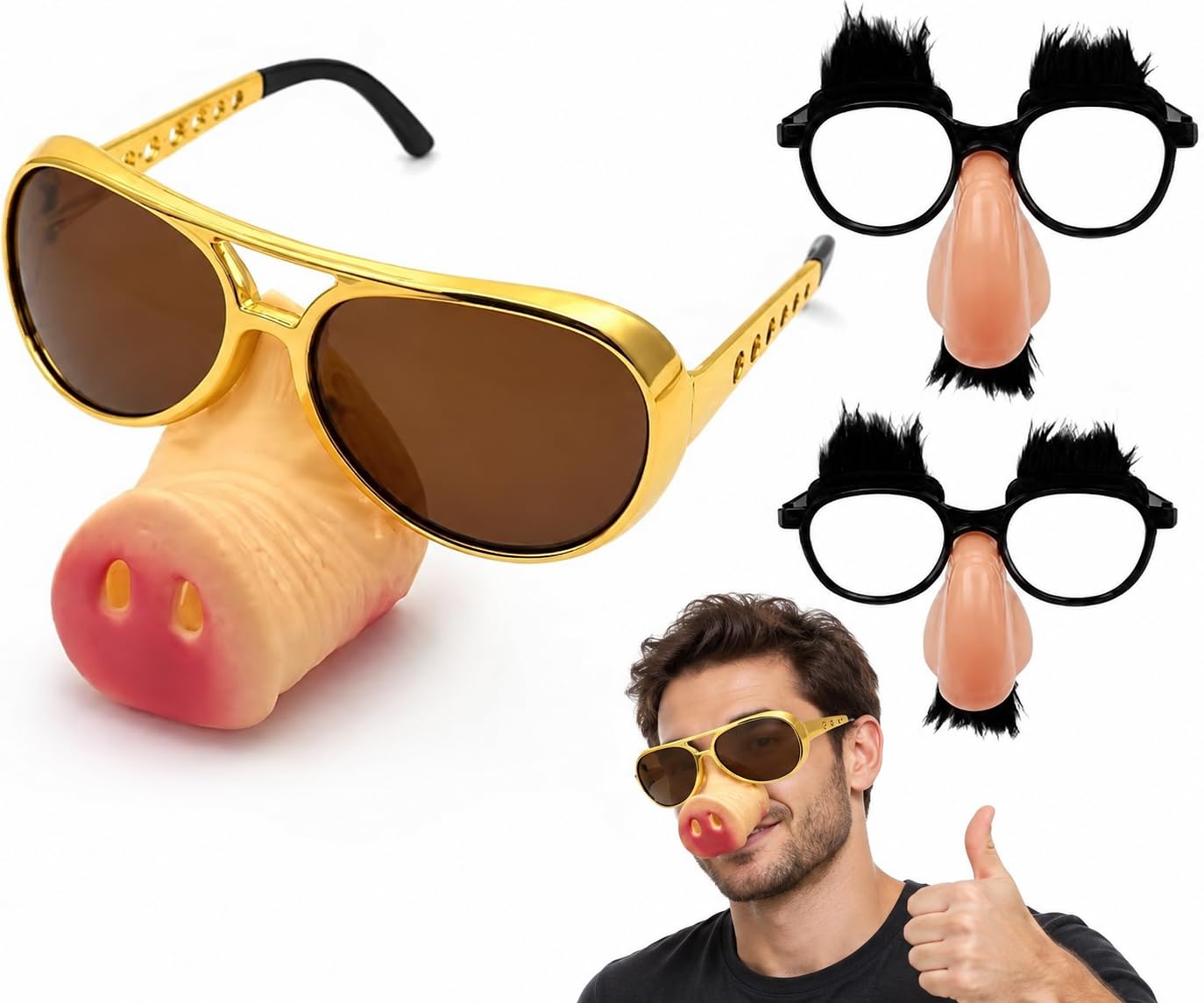 STIFFENERS 3PCS Funny Glasses, Pig Gold Nose Design with Moustache. Pig Nose Design with Moustache, Novelty Glasses for Parties, Cos Events, Social Gatherings
