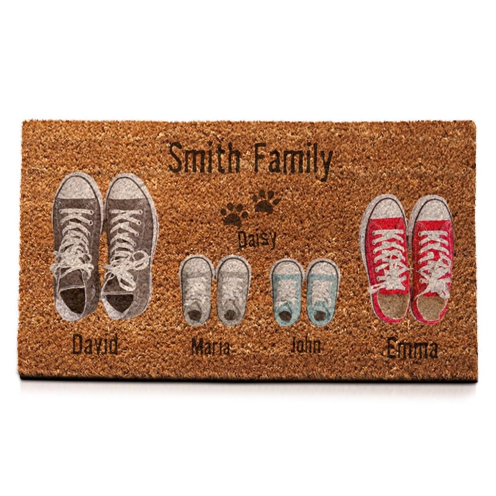 Wanapix | Felpudo Personalizado con Nombres | Felpudos Originales para la Entrada de Casa | Base Antideslizante | Fibras de Coco Natural | 70 x 40 cm | Familia + 2 Hijos + Mascota