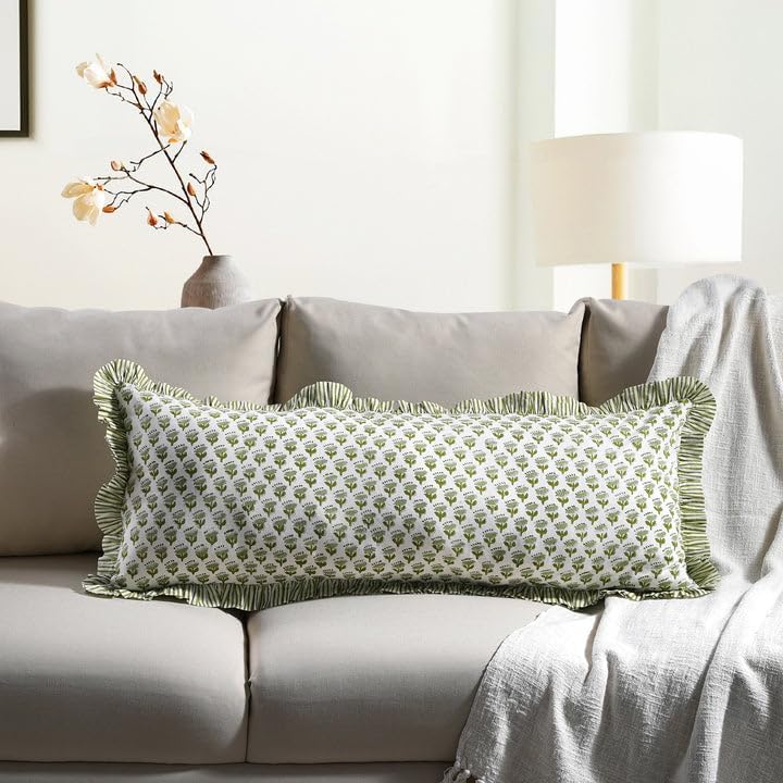 CPC Emerald Green 100% Cotton Block Print Ruffle Sham Cover 14x36 inch, Handmade Boho Floral Pillowcase, Farmhouse Cottagecore Bedding, Soft Decorative Cushion Cover for Bedroom Décor