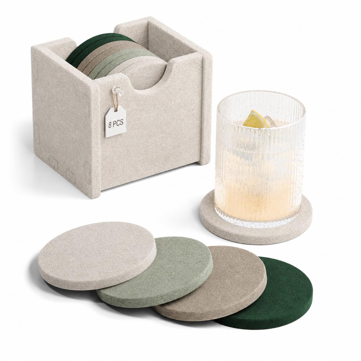 Fluxynara Felt Drink Coasters, Set of 8 Absorbent Round Coasters with Holder, Heat-Resistant & Reusable Cup Mats for Coffee Table Decor, Gift for Any Occasion, 10 cm, Nordic Moss — image 1