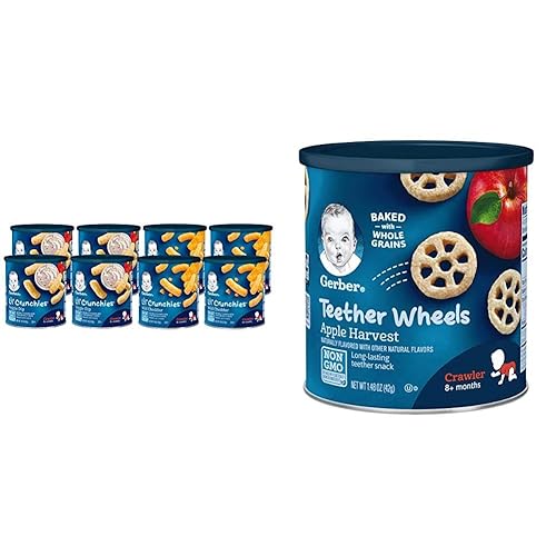 Gerber Paquete económico de aperitivos para bebé, Lil Crunchies, Cheddar suave y salsa vegetal (paquete de 8) y ruedas de mordedor, cosecha de