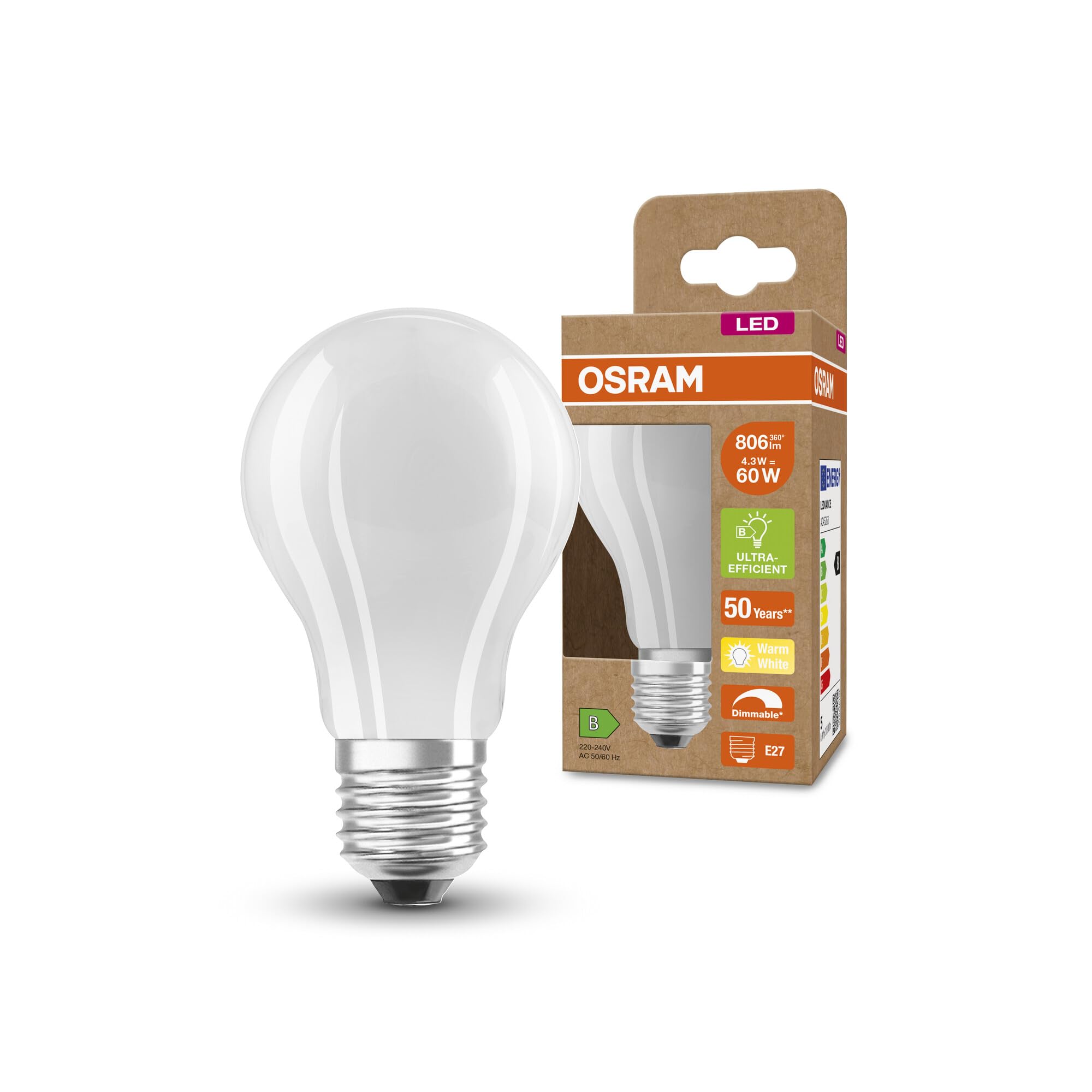 OSRAM Lámpara SUPERSTAR+ CLASSIC A GLFR 60 LED, E27, forma bombilla, 4,3W, 806lm, 2700K, luz blanca cálida, regulable, tecnología de filamento LED, optimo consumo energético