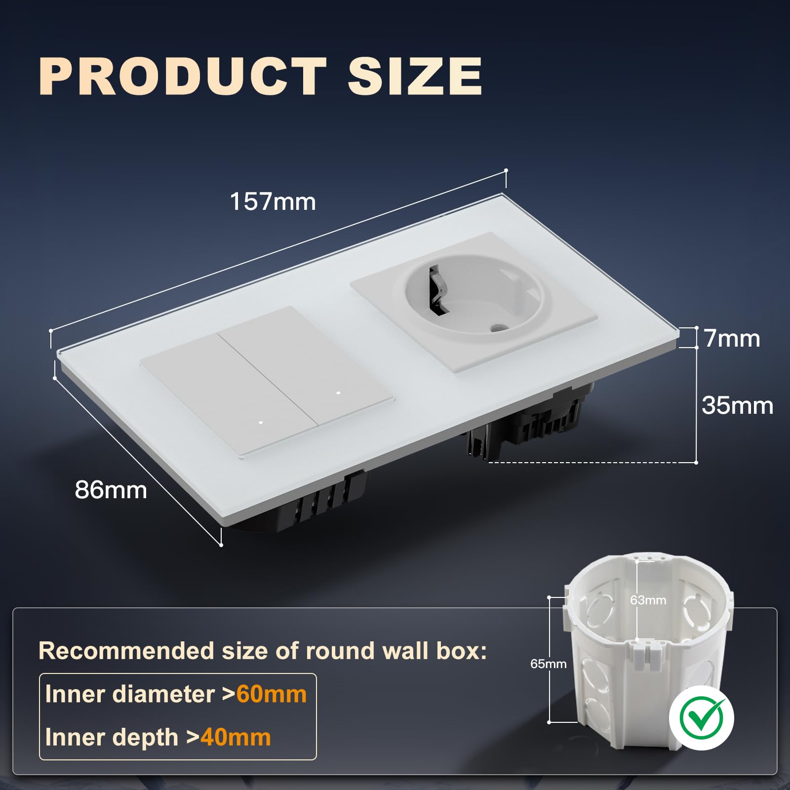 Interruptor Inteligente con Clic,WIFI Interruptores de Luz Con Cristal,Compatible con Alexa/Tuya/Smart Life,Requiere Cable Neutro,2 Gang 1 Vía con Enchufe,157mm Blanco
