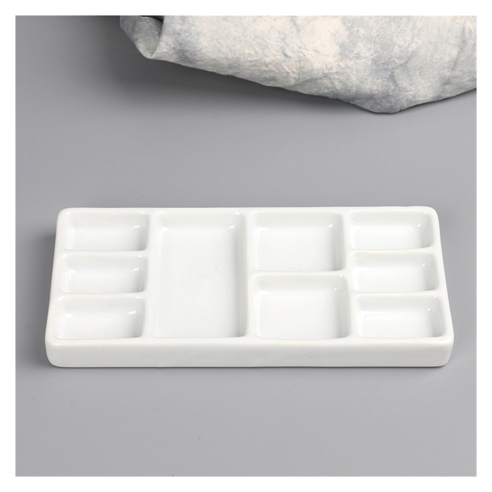 Ceramiczna 9-dołkowa paleta artysty, prostokątna taca do akwareli do akwareli gwasz akrylowy obraz olejny (Color : White)