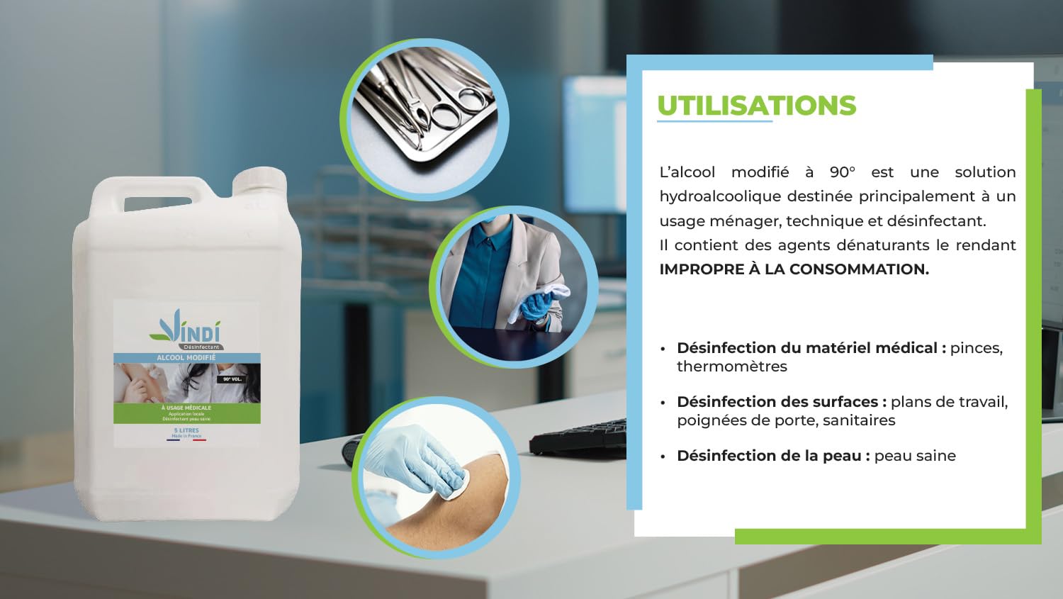 Vindi Désinfectant Alcool modifié 90°- Bidon de 5L - Fabrication Française - Désinfection peau saine et ustensiles médicaux