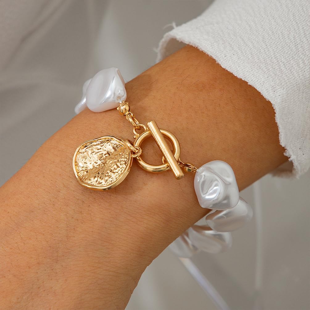 Statement Chunky Gold Baroque Pearl Coin Pendant Bracelet for Women, Vintage OT Buckle Clasp Irregular Pearls Bracelets Charming Prom Party Jewelry Gifts - Image 3