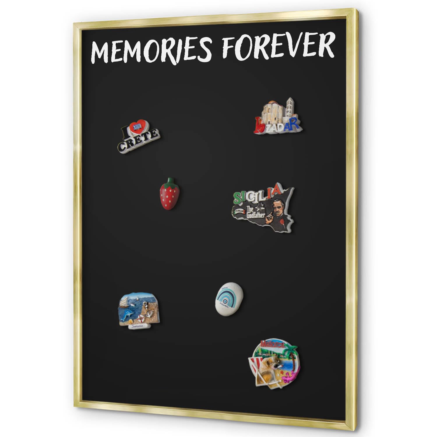 Pizarra Magnética de Pared 70x100 cm | con Marco Dorado | Memories Forever | Montaje Fácil | Tablero Imantado | Para Imanes Turísticos, Recuerdos de Viaje y Fotos | Decoración para Salón o Pasillo
