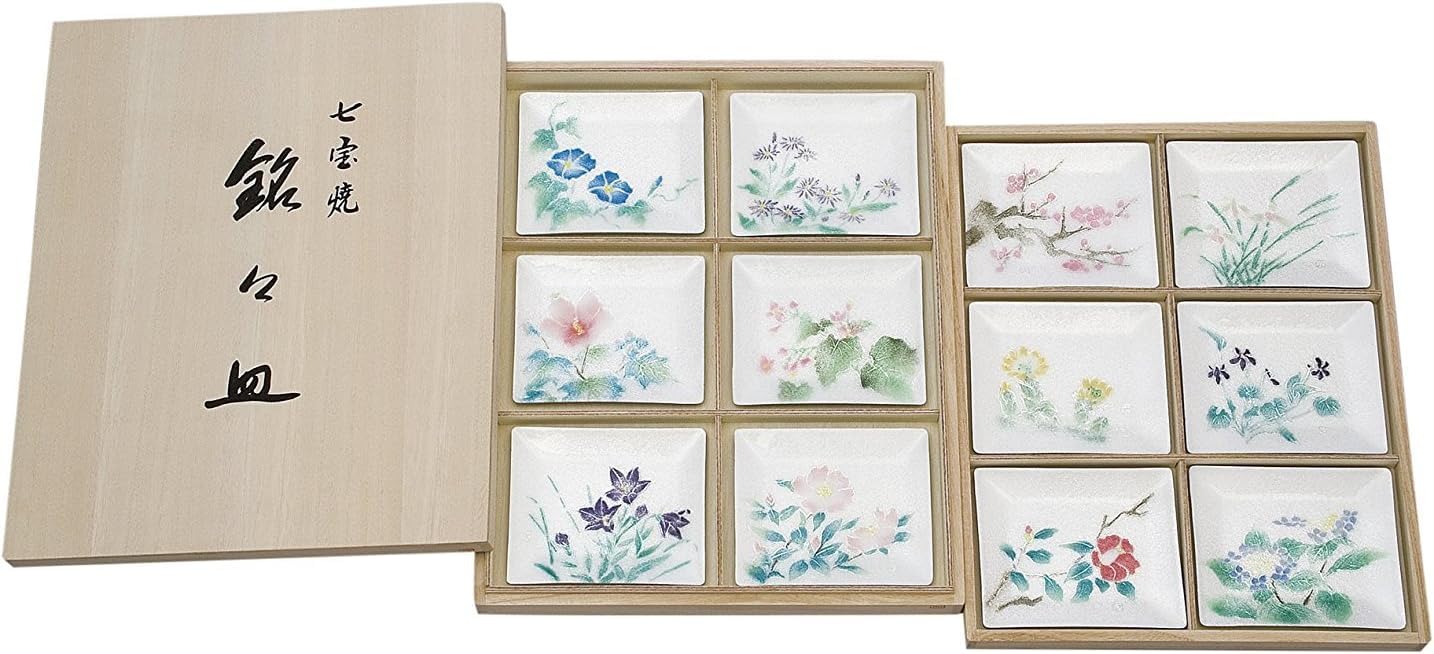 希少品　七宝焼　花ごよみ　誕生花　花言葉　角皿　お菓子皿　飾皿12枚組　銘々皿 希少品 七宝焼 花ごよみ 誕生花 花言葉 角皿 お菓子皿 飾皿12