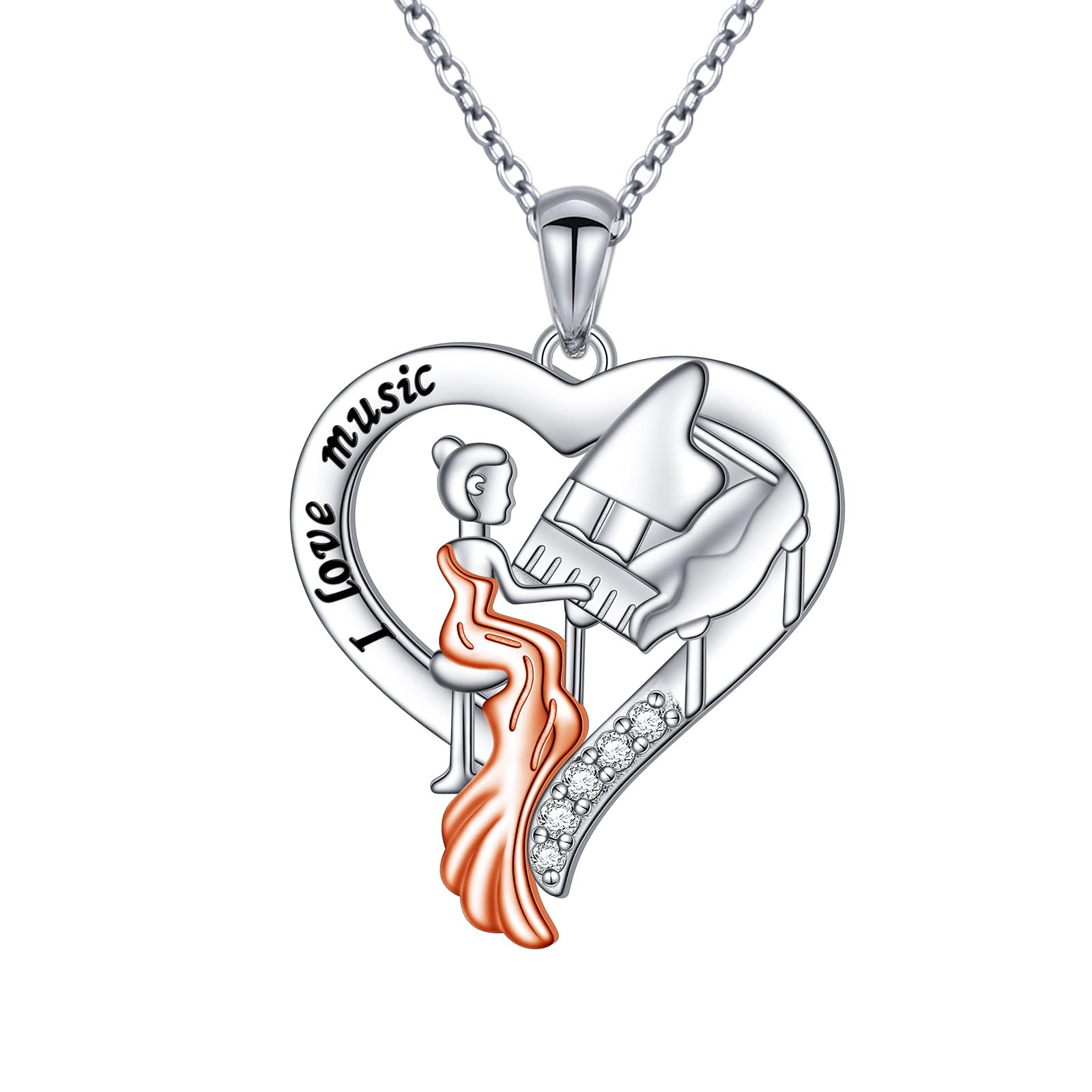 925 Sterling Silver Engraved I Love Music Playing Violin Cello Flute Piano Heart Pendant Necklace Recital Gift for Daughter Women Niece Musician, 18 inch