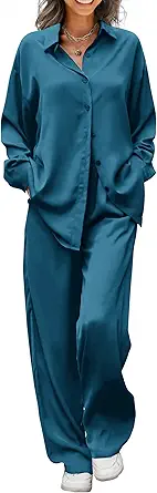 Ekouaer Womens Satin Silky Pajama Set 2 Piece Print PJs Soft Loungewear Button Down Sleepwear with Elastic Waist Long Pants