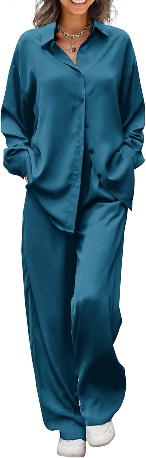 Ekouaer Womens Satin Silky Pajama Set 2 Piece Print PJs Soft Loungewear Button Down Sleepwear with Elastic Waist Long Pants