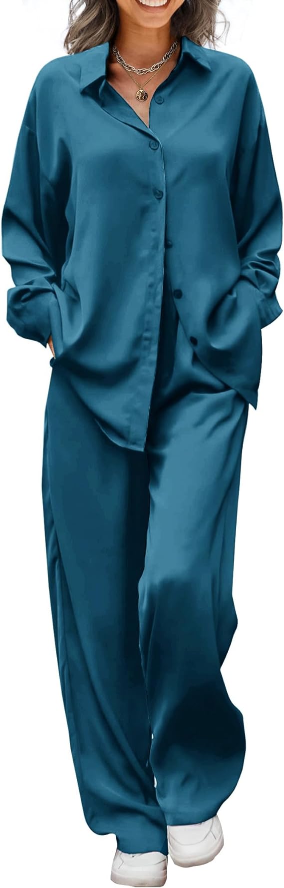 Ekouaer Womens Satin Silky Pajama Set 2 Piece Print PJs Soft Loungewear Button Down Sleepwear with Elastic Waist Long Pants