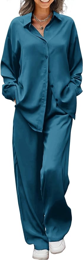 Ekouaer Womens Satin Silky Pajama Set 2 Piece Print PJs Soft Loungewear Button Down Sleepwear with Elastic Waist Long Pants
