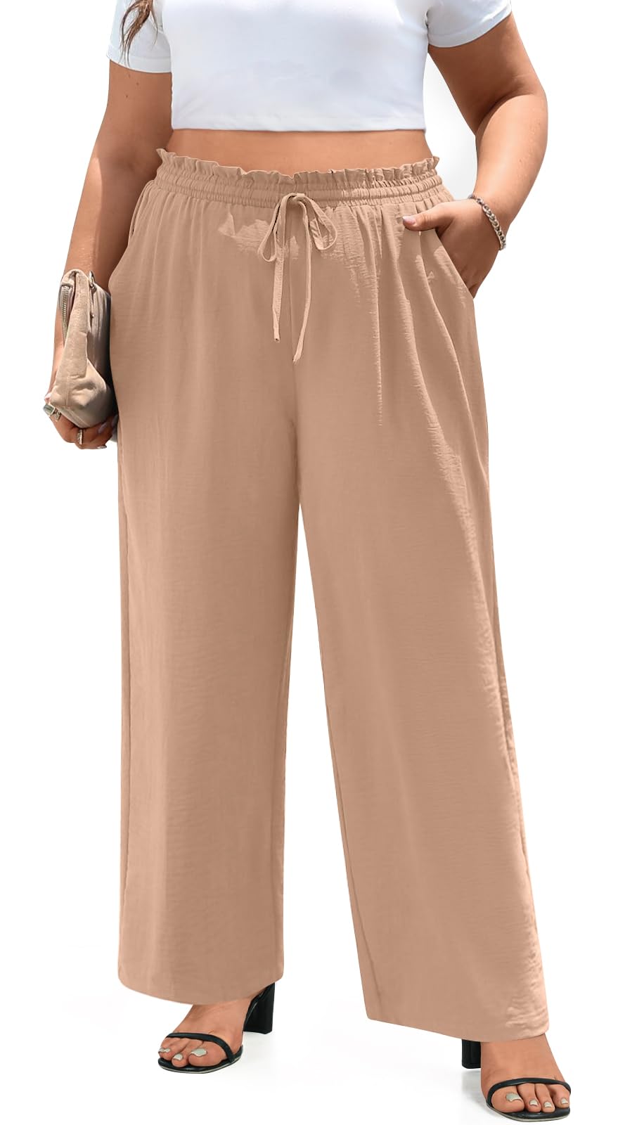 syoss Women's Plus Size Pants High Waist Adjustable Knot Lounge Pants Straight Long Trousers with Pockets
