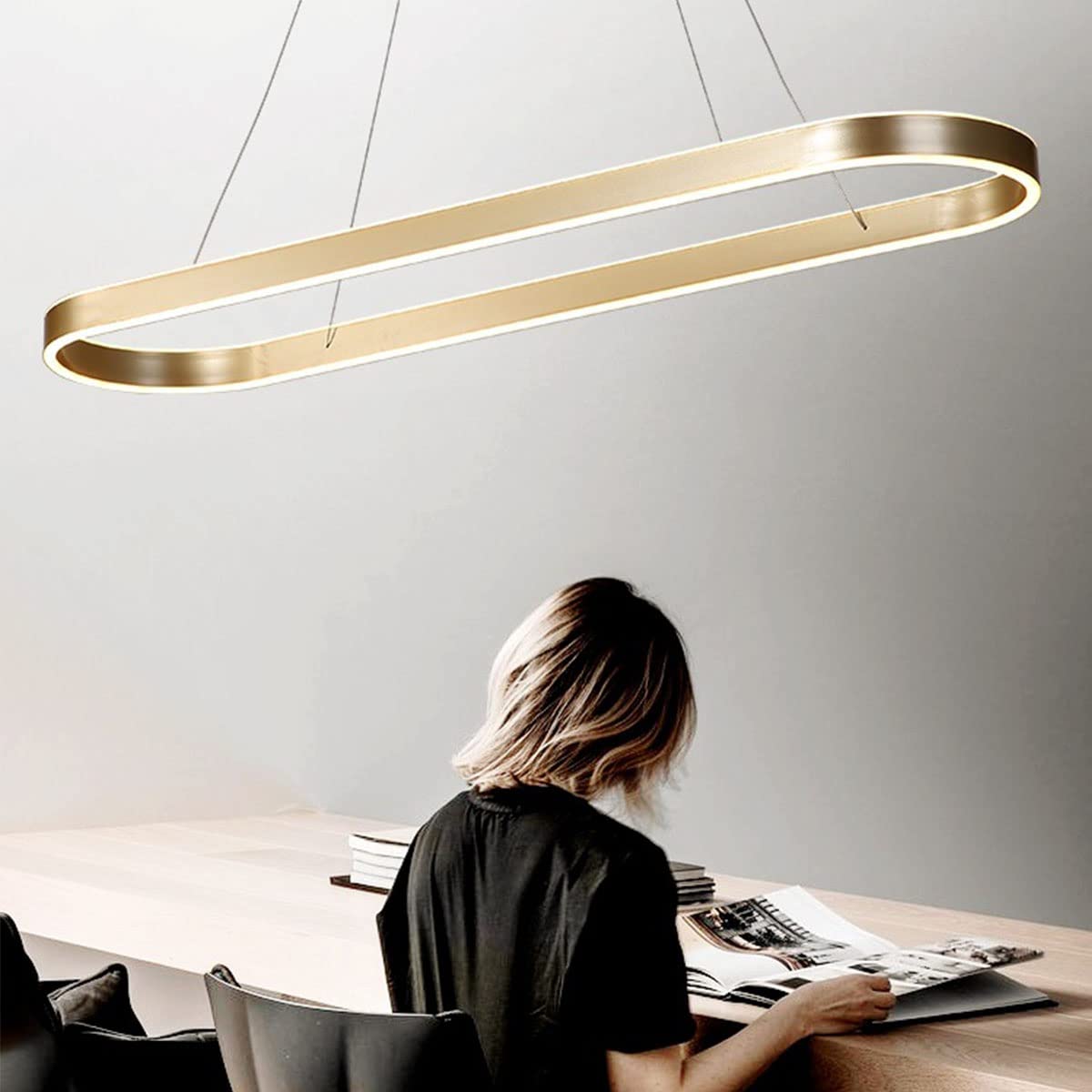 BellasteinLED Modern Dining Table Pendant lamp dimmable with Remote Control Living Room Dining Room Decoration Hanging lamp Oval Height-Adjustable Hanging lamp (Gold, L120cm)