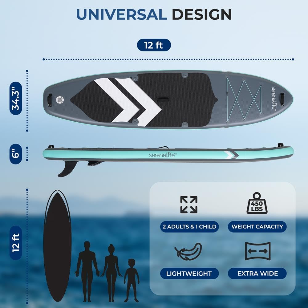 SereneLife SUP Gonfiabile XL, Tavola Sup Extra Larga per Adulti, Stand Up Paddle Board per Bambini e Animali, Deck Antiscivolo, Design Stabile e Leggero, Accessori Premium, Capacità 200 kg