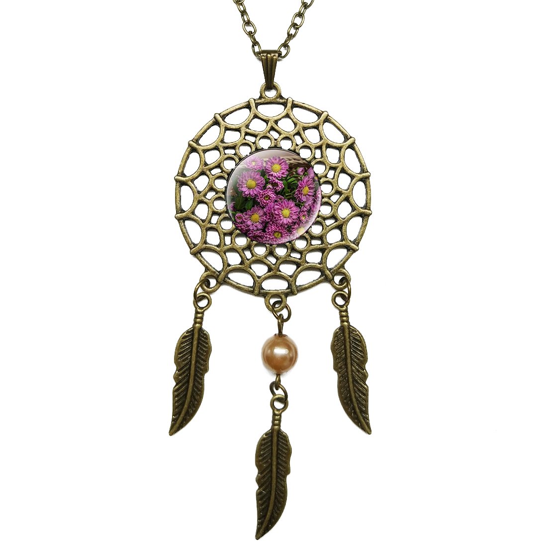 Dream Catcher Necklace Multi Flowers Glass Pendant Bronze Long Chain Dangling Feather Charms Jewelry for Women