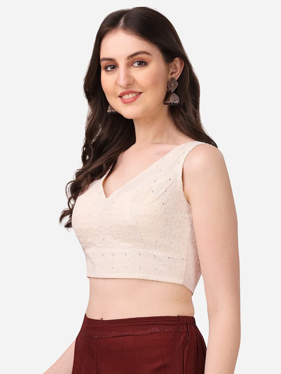 Oomph Women's Indian Ethnic Wear Designer Abstract Pattern V Neck Sleeveless Cotton White Blouse For Saree Or Lehnga And Blousepalazzos Or Skirts For A Fusion Twist.